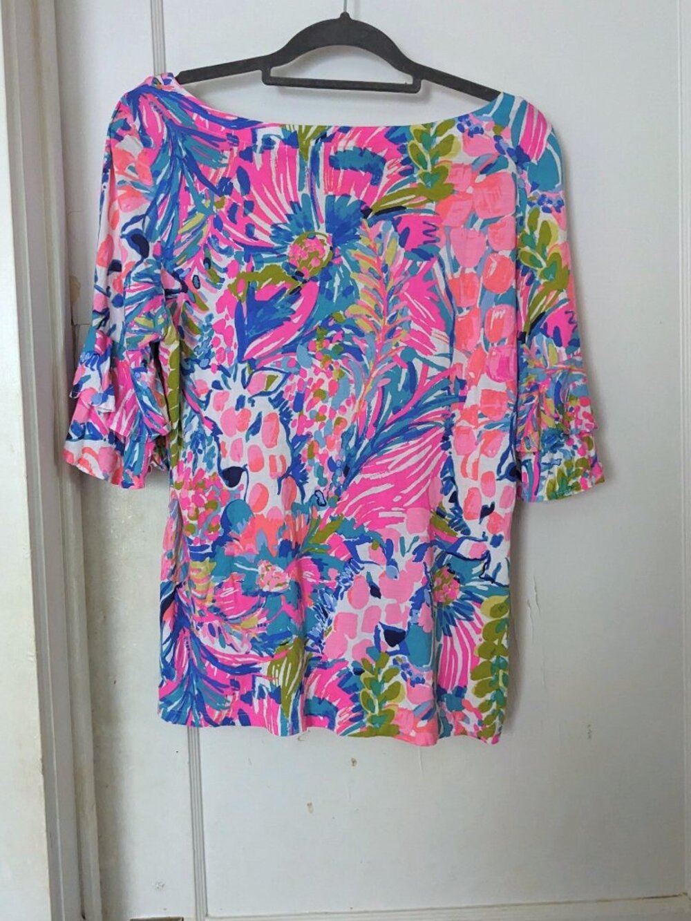 Lilly Pulitzer Lula Top Ruffle Sleeves Multi Gumbo Limbo Size L - Picture 3 of 7